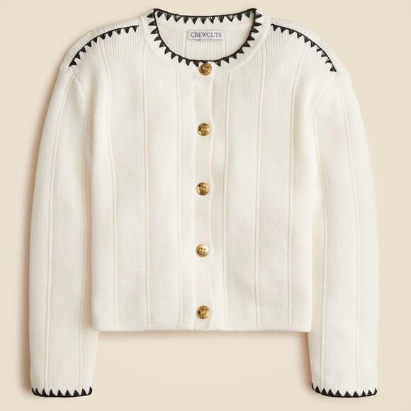 Crewcuts J.Crew Ribbed Cotton Cardigan Girls M Cream Black Rickrack Gold Button - Picture 1 of 7